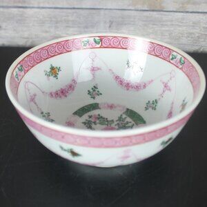 Japanese Pink Floral Enameled Ceramic Bowl  6" Round Vintage Made in Hong Kong